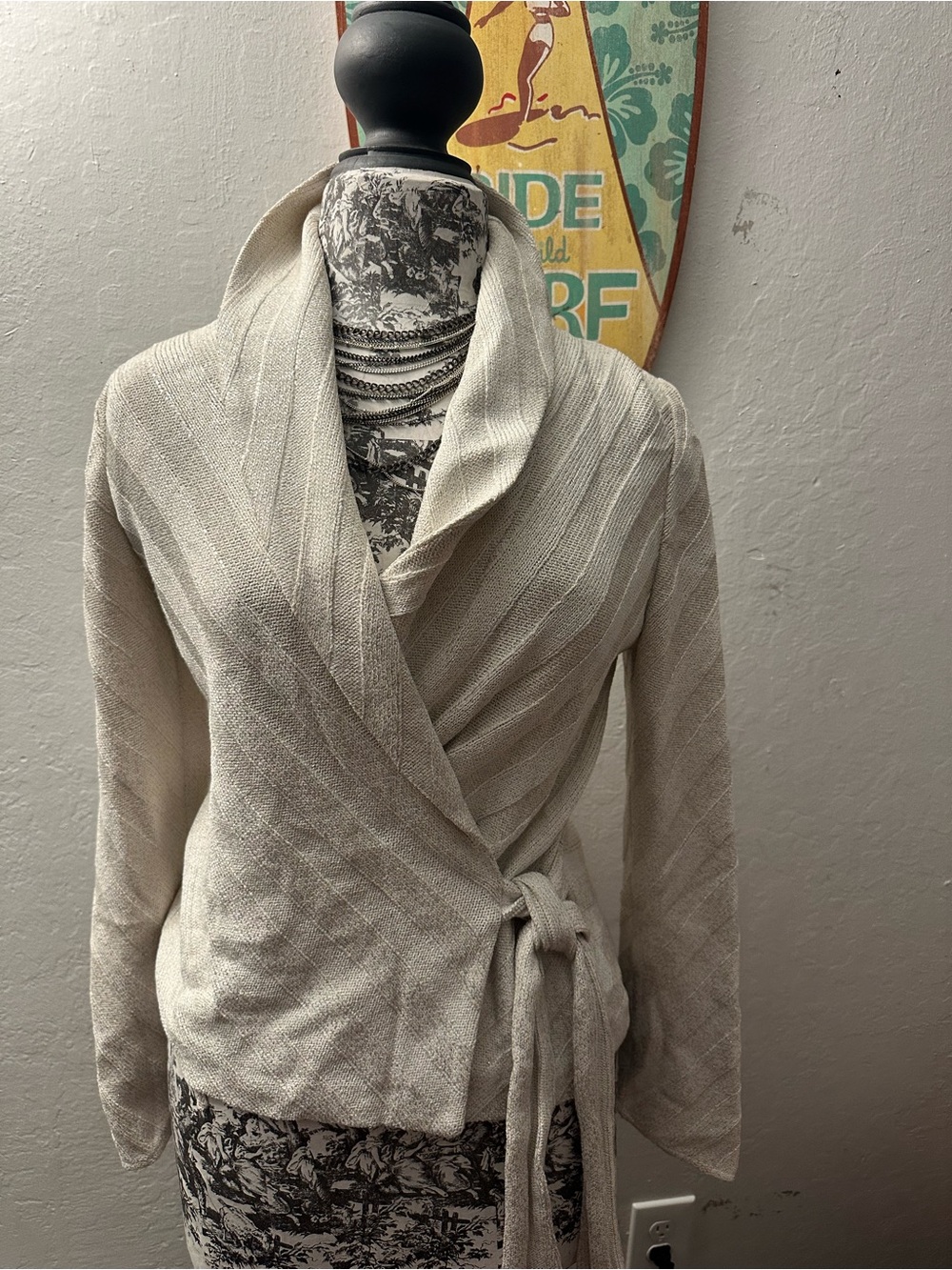 St. John Cream Wrap Tie-Front Sweater Cardigan